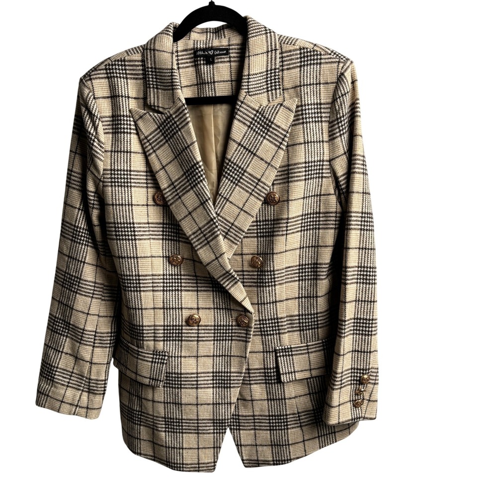 Womens‎ Plaid Double Breasted Blazer Tan Black Gold Buttons L Preppy Glamoratti